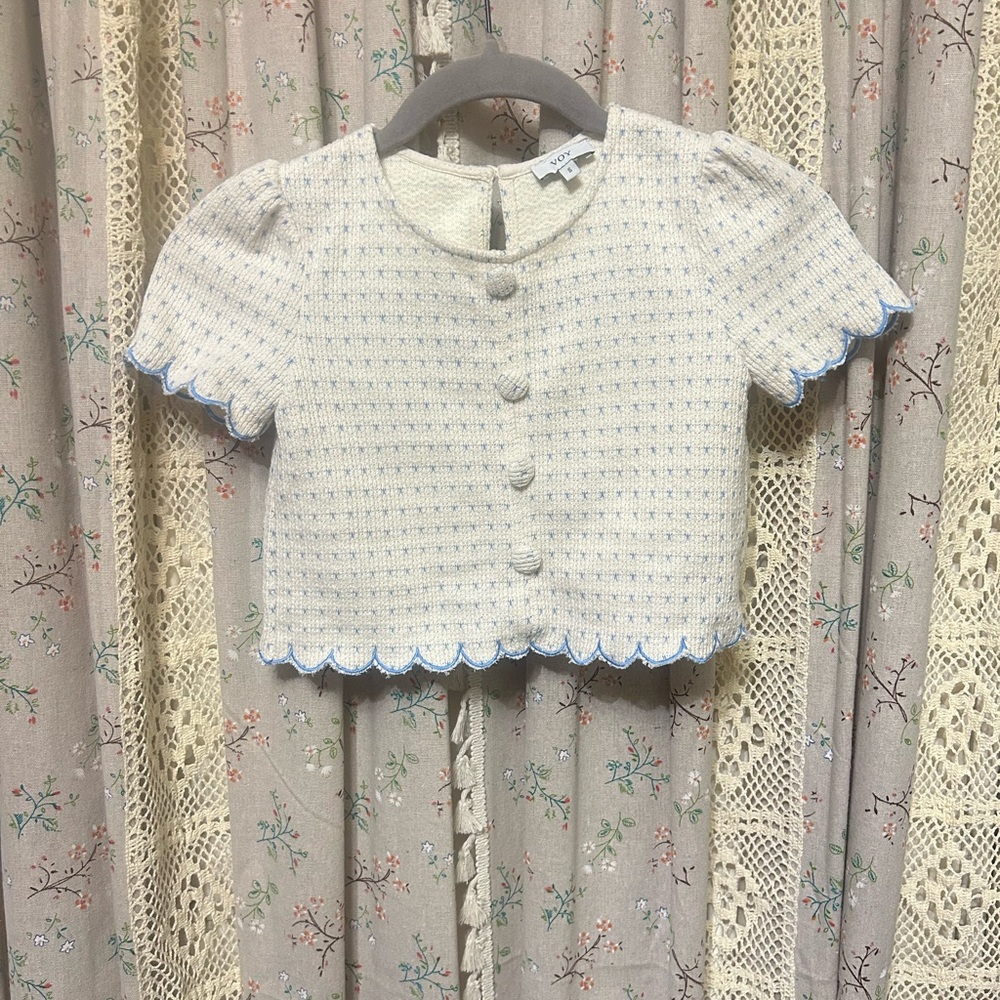 VOY Cream & Blue Scalloped Crop Top Size S Cottagecore